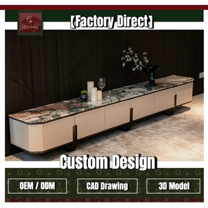 Console <span class=keywords><strong>TV</strong></span> GOLDKING moderne pour salon, marbre rose quatre saisons, panneaux crème, poignées noir et or, conception personnalisée OEM, modèle 3D CAD - Product Image 1