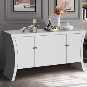 4-Door Credenza With Wooden Arc Legs Bronze Clasps <b>White</b> <b>Storage</b> <b>Cabinet</b> For Living Room Home Decor - Product Image 2