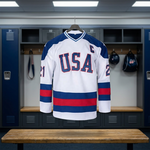 USA Ice Hockey Jersey Men's V-Neck Full Sleeve Moisture Wicking Polyester Uniform Embroidered Team Name White Blue Red - Product Image 3