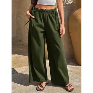 Fisoew Womens Wide Leg Pants Mid Waist Elastic Drawstring Casual Cotton Canvas Breathable Loose Fit Summer Wear - Product Image 2