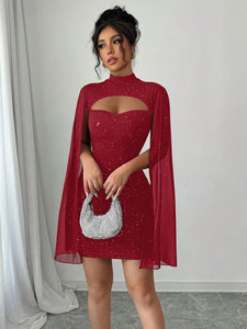 Abito corto estivo da donna, stile europeo-americano, transfrontaliero, slim fit, sexy, da club, a vita alta, con maniche a pipistrello, collo a lupetto, antistatico - Product Image 3