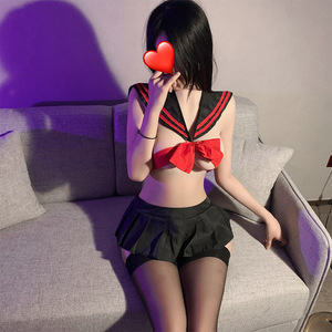 Sexy lingerie, seductive bra, schoolgirl/JK uniform, passionate backless tie-up two-piece mini skirt set for women - Product Image 4