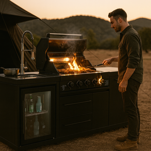 Cuisine extérieure modulaire Youya pour le camping, 3/6 brûleurs, étanche, noire, en acier inoxydable, avec réfrigérateur et évier - Product Image 2