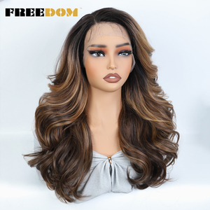 Perruques synthétiques à dentelle frontale FREEDOM, à couches, pour femmes noires, vague corporelle, 22 pouces, pour <span class=keywords><strong>cosplay</strong></span> brun chocolat blond - Product Image 2