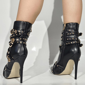 Women Stiletto Thin Heels Short <b>Boots</b> Big Size 47 Metal Decor Buckles Shoes Wide Fit Cross Belt Straps Booties - Product Image 3