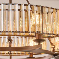 Lustre de luxe vintage en fer marron français à plusieurs têtes, avec cristaux circulaires et hauteur réglable, idéal pour salon, chambre et salle à manger