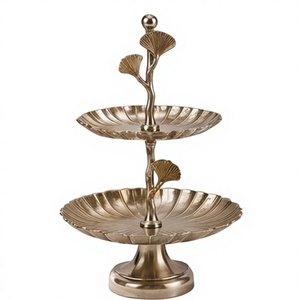 Modern Gold Metal 2 Tier Cake Stand Luxury Ginkgo Leaf Stem Dessert Display <b>Tray</b> Ball Finial Handle Cupcake Holder Party - Product Image 1