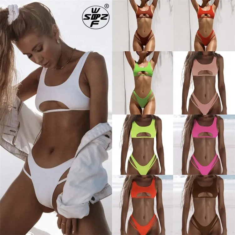 2024 mới đầy màu sắc Sexy Áo Tắm Cổ 2 mảnh chia dây đai Bikini cao eo đồ bơi nữ Bikini & beachwear