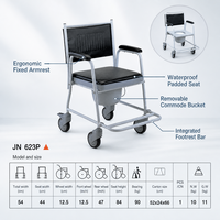 Chaise de douche roulante pour transfert de patient, siège de toilette, cadre en acier, accoudoirs fixes, repose-pieds, équipement médical