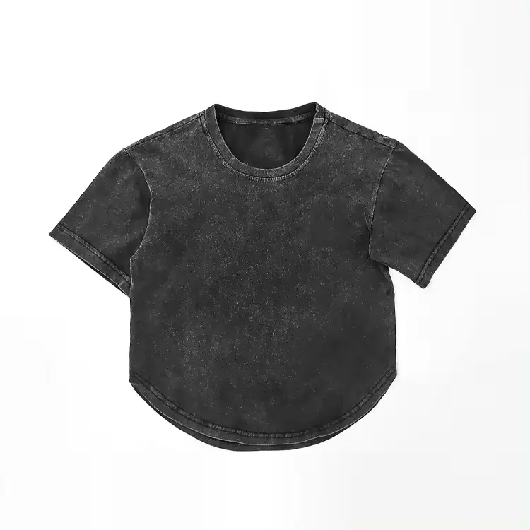 Sunton sex crop curvo orlo t-shirt da ragazza lavata con acido colore nero t-shirt o collo estivo t-shirt vintage