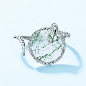 Anello in Pietra di Muschio Verde della Fabbrica di Gioielli MUSHAN, Anello Indice in Argento S925 con Agata Naturale e Serpente Divino Avvolto Intorno - Product Image 3