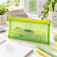 Pochette à crayons en maille vert lime avec impression de lettres et fermeture éclair pour fournitures scolaires et de bureau