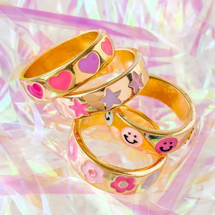 Stainless Steel Gold Plated Cute Lovely Pink Enamel Colorful Flower Star Heart Smiley Rings Happy Smile Face Ring Band