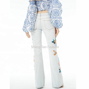 Pantalones Vaqueros de Mujer de Cintura Alta con Bordado Floral, Pantalones Anchos con Bordado Floral, Transpirables, de Marca - Product Image 4