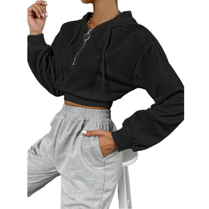 Sudaderas cortas casuales de punto personalizadas para mujer, con media cremallera, antiarrugas, 100% algodón, hombros caídos, venta al por mayor - Product Image 1