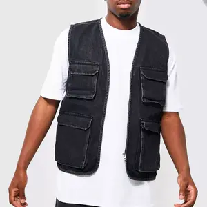 custom made mens utility vest acid wash black tactical vest 3D pocket denim vest men jean jacket sleeveless