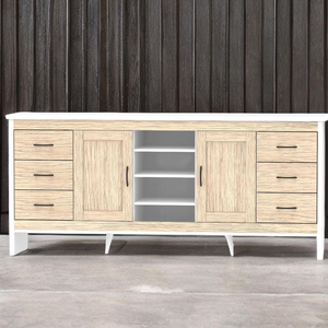 Mesa de buffet multiusos de 2 puertas importada de Malasia, muebles de madera de 6 cajones con estantes para el hogar, sala de estar, estilo Panel - Product Image 1