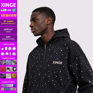 Sweat-shirt à capuche zippé surdimensionné noir avec strass, style streetwear pour homme - Product Image 1