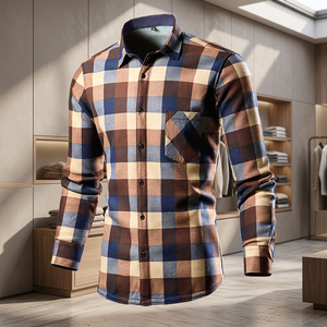 Chemise décontractée à manches longues boutonnée pour homme, en flanelle unie tissée 100 % polyester, à carreaux, respirante, col montant, simple boutonnage, idéale pour l'hiver (ODM) - Product Image 3