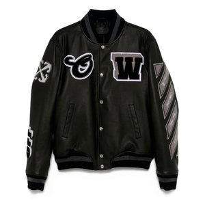 Blouson universitaire réversible Off-White pour homme en PU noir avec patchs lettres brodés, col rabattable, style urbain - Product Image 1