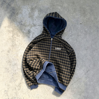 Sweat-shirt réversible personnalisé pour homme, à double fermeture éclair, en molleton bouclette à carreaux, imprimé flanelle, coupe épaules tombantes