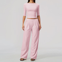Nouvel Arrivage Ensemble de Yoga 2 Pièces pour Femme : Crop Top Col Bateau Manches Coude et Pantalon Plissé Ample Séchage Rapide Tenue Décontractée pour l'Entraînement