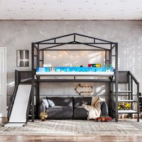 Cama Alta Moderna de Metal Tamaño Individual con Escaleras de Almacenamiento, Estantes, Armario, Puerto USB, Luz LED, para Dormitorio Escolar, Disponible ODM/OEM