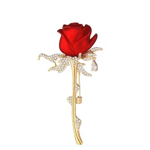 新款韩版大气红玫瑰锆石奢华镀铜镀金套装配饰胸针