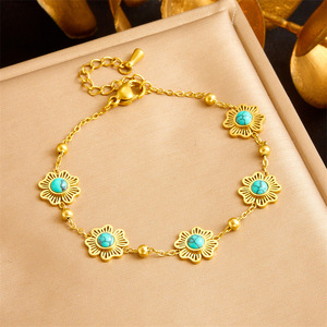 Flower Gold Plated Turquoise Necklace Earring <b>Bracelet</b> <b>Set</b> Stainless Steel Party Jewelry <b>Set</b> - Product Image 3