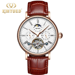 Montres classiques pour hommes <span class=keywords><strong>KINYUED</strong></span>, montres mécaniques automatiques rétro, étanches, tourbillon, horloge, cuir véritable, montres à phases lunaires - Product Image 5