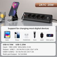 Multiprise avec 2 ports USB-A, 16A, 4 prises, norme européenne, tour d'extension, prise d'angle pour PC, type C 20W, interrupteur