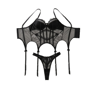 Lingerie sexy pour femmes, corset en dentelle à pois séduisant, ensemble 2 pièces, nœud papillon, soutien-gorge à baleines, sous-vêtements érotiques - Product Image 5
