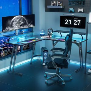 <span class=keywords><strong>Escritorio</strong></span> Gaming RGB con Tira de Luces LED, Mesa de Computadora en <span class=keywords><strong>Forma</strong></span> de <span class=keywords><strong>L</strong></span> Negra, Estación de Trabajo para Gamers - Product Image 4
