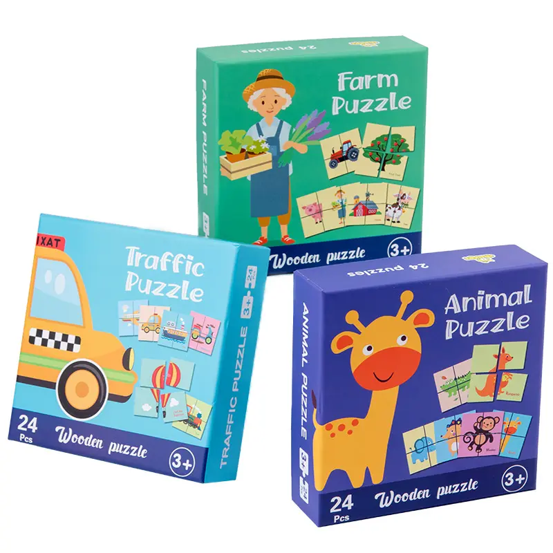 New 24Pcs Big Wooden puzzle for children Cartoon Transportation /Farm /Animals 3 styles Learning Jigsaw Set For Toddler