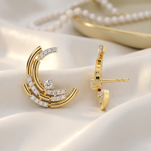 Boucles d'oreilles clous en or jaune massif 10K 14K 18K avec diamants CVD de laboratoire en spirale incurvée – Clous d'oreilles grimpants en arc tourbillonnant - Product Image 1