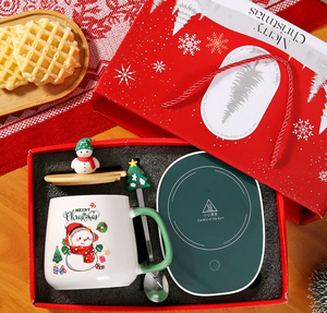 Heated <b>Christmas</b> Ceramic <b>Mug</b> <b>Set</b> with Warmer, Santa/Snowman Coffee Cup with Lid & Spoon, Ready to Ship - Product Image 6