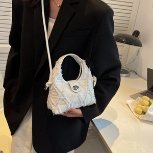 Wholesale Denim Solid Color Ruched Embroidery Cover Closure Fluffy Plush <b>Tassel</b> Hobo <b>Handbag</b> Women Shoulder Messenger Bags - Product Image 5