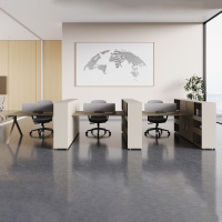 Poste de travail moderne et écologique pour 6 personnes, durable, à plan ouvert, avec cloisons d'intimité et système de gestion des câbles intégré, idéal pour les PDG