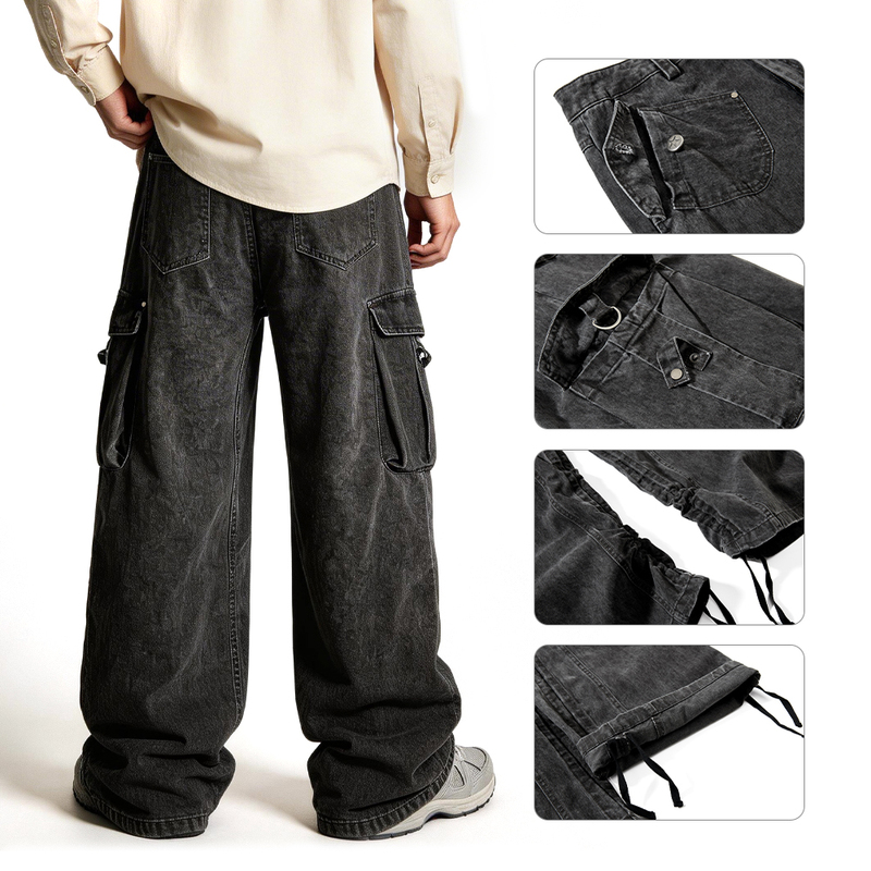Black Y2K Multi Zipper Cargo Wide