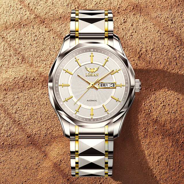 Men LOSIAN L2500 Automatic Mechanical Watch 40mm Sapphire Crystal Stainless Steel Gold Butterfly Clasp Water Resistant Pointer