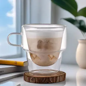 125 260 מ""ל יצירתי שכבה כפולה גבוהה זכוכית בורוסיליקט כוס גיאומטרית ביתי עם ידית כוס חליטת תה מבודדת למשרד