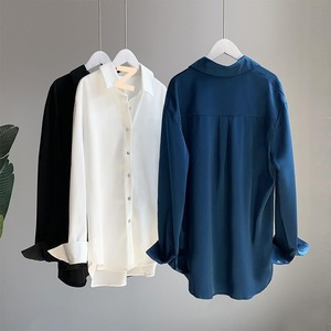 Hot Bán 2025 Của Phụ Nữ Satin Áo Sơ Mi Retro Thiết Kế Màu Rắn Dài Tay Áo Áo Cho Mùa Xuân Mùa Hè Mùa XXXL Kích Thước - Product Image 3