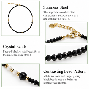 Collier de perles en cristal noir et blanc, perles facettées en acier inoxydable, bijoux symétriques réglables - Product Image 4