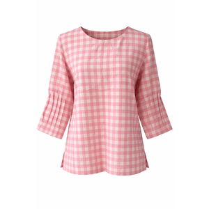 เสื้อลายตาหมากรุกผ้าฝ้ายผู้หญิงทรงกระดิ่งแขนกระดิ่งเสื้อท่อนบนผ้าคอตตอน100% น้ำหนักเบาเสื้อผ้าแฟชั่นเป็นมิตรกับสิ่งแวดล้อม - Product Image 3