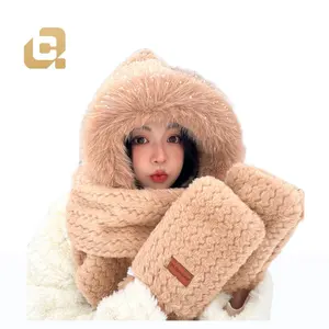 Snow warm hats fluffy faux fur winter hat woman scarf and glove sets