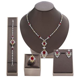 Ensemble de bijoux de mariage de luxe en argent plaqué, style bohème, entièrement serti de diamants, collier, boucles d'oreilles, bague, bracelet, zircon - Product Image 1