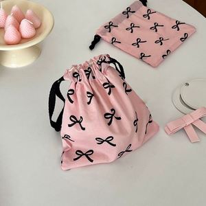 Custom Logo Personalized Cute Pattern Soft Fabric Calico Canvas <b>Drawstring</b> Bag Cotton Jewelry Gift <b>Pouch</b> With Double String - Product Image 2