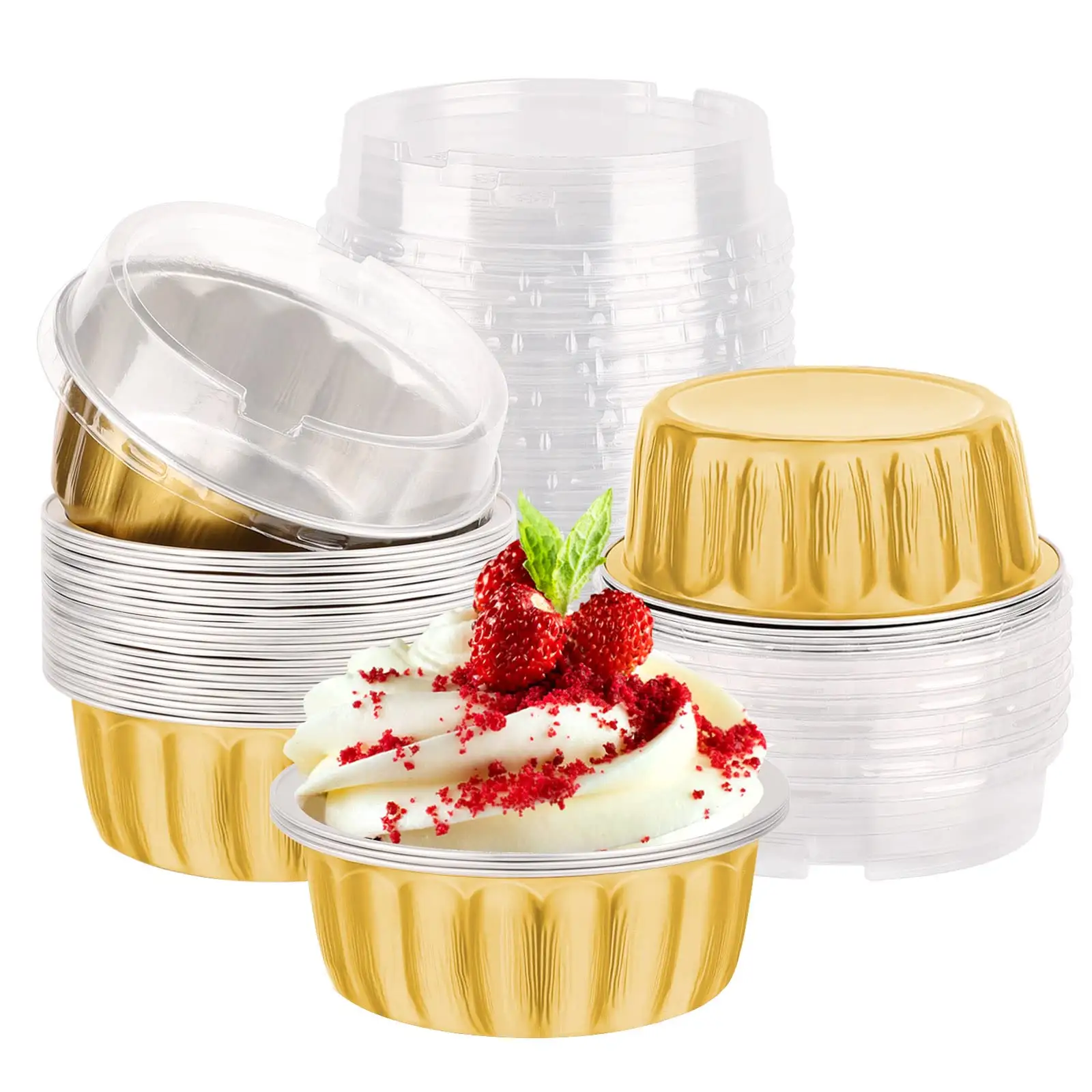 Desserts Flans Custard Cake Pudding Jello Cups Catering Party Favor Baking Cups Aluminum Foil Reusable Cupcake Cups with Lids