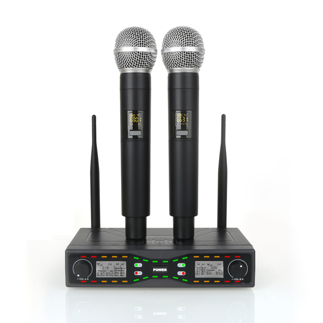 UHF Wireless Microphone Dual Channel Handheld Mic System 50m Range Dynamic Capsule Clear Sound for Karaoke DJ Stage