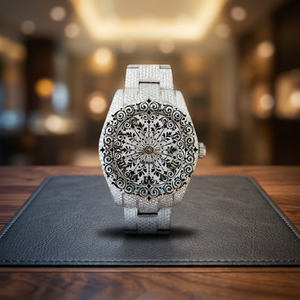 AMBER JEWELS นาฬิกาควอทซ์ผู้ชายสุดหรู ตัวเรือนขนาด 46 มม. สายนาฬิกาแซฟไฟร์คริสตัล หน้าปัดอะนาล็อก เรืองแสง ตัวล็อคแบบหัวเข็มขัด สไตล์วินเทจ - Product Image 3